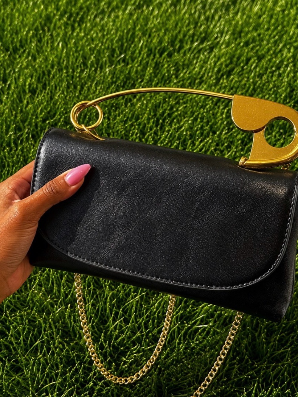 Black Safety Pin Purse Gold Chain Crossbody Statement Shoulder Bag